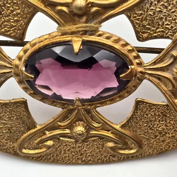 Art Nouveau Style Gold Tone Sash Pin Brooch Faceted Amethyst Glass Statement - Picture 3 of 10